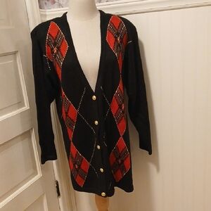 Vintage Jantzen Black and Red Argyle Cardigan Sweater
